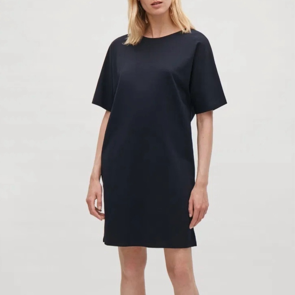 COS Womens Twist Back Short Sleeve Shift Dress Sz XS Blue Minimalist Modern